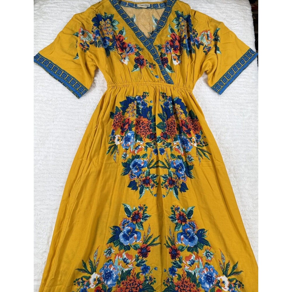 Flying Tomato Women's Boho Maxi Print Dress V Neck Short Sleeve Boho Gypsy Sz M